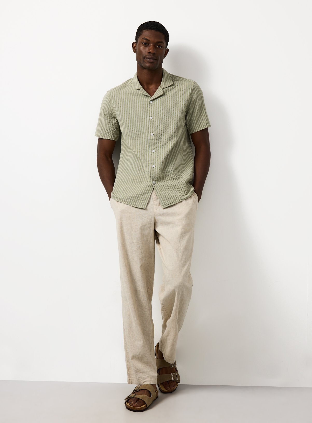 Light Green Stripe Print Seersucker Revere Neck Shirt M - Image 1 thumbnail